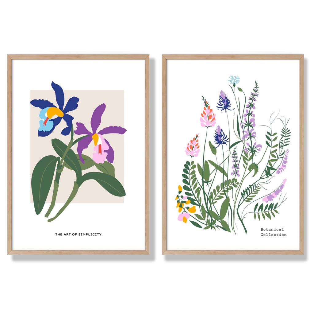 Bunte Frühlingsblumen-Illustration, gerahmtes Set aus 2 Kunstdrucken