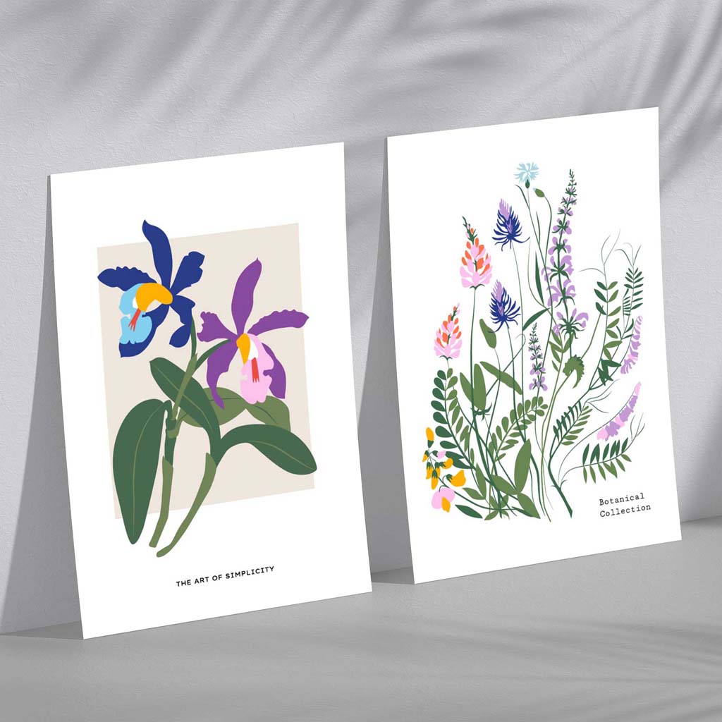 Bunte Frühlingsblumen-Illustration, gerahmtes Set aus 2 Kunstdrucken