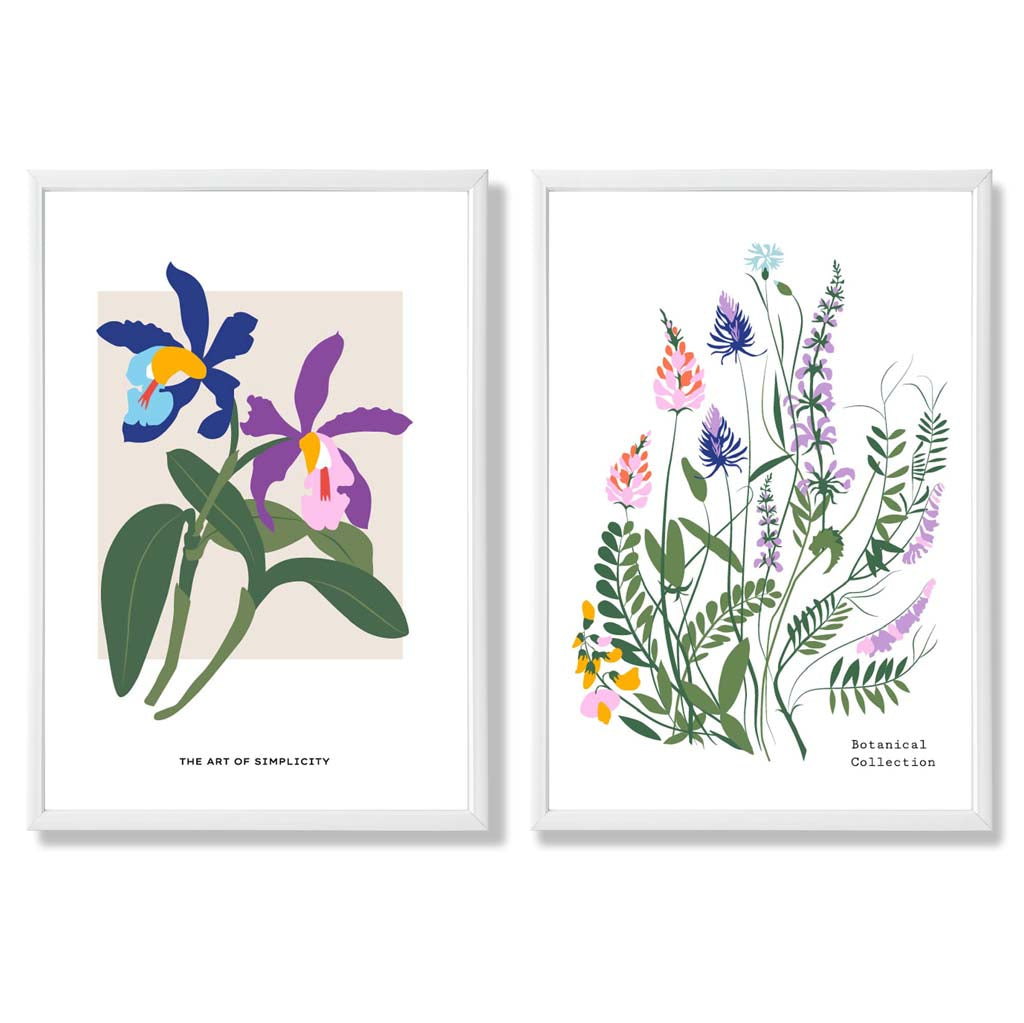 Bunte Frühlingsblumen-Illustration, gerahmtes Set aus 2 Kunstdrucken