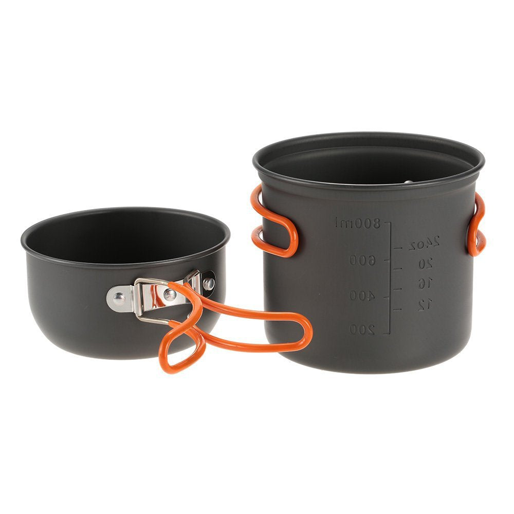 leichgewicht anodisiertes Aluminium Rucksack Kochset mit ineinandergreifenden Töpfen, faltbaren hitzebeständigen Griffen und kompakter faltbarer Gasherd Brehn