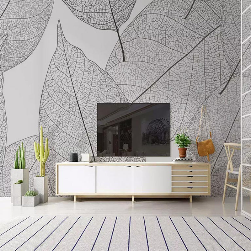 Brehn | Hedendaagse Blad Textuur Behang in Grijs Woonkamer Wandkunst, Gepersonaliseerde Grootte Beschikbaar