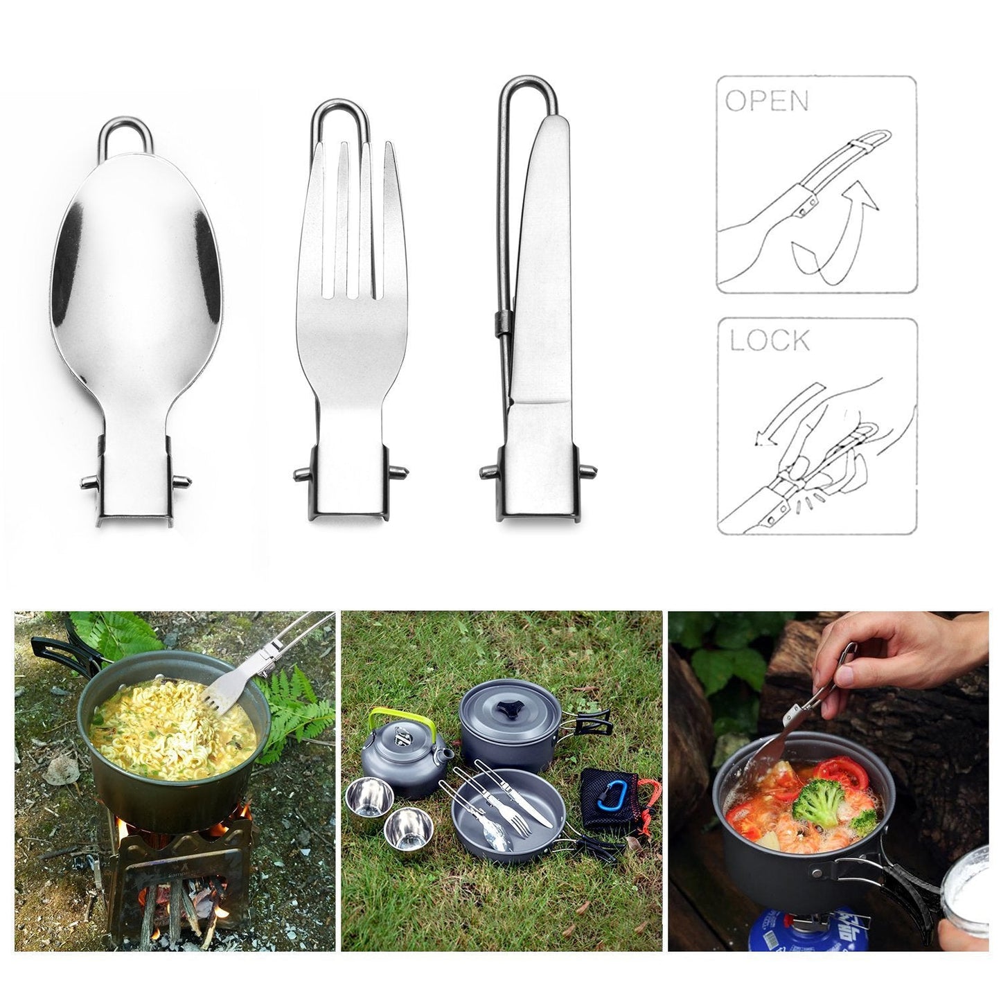 Faltbares Edelstahl Camping Besteckset mit Sicherheits-Scharnier und Tragetasche Brehn