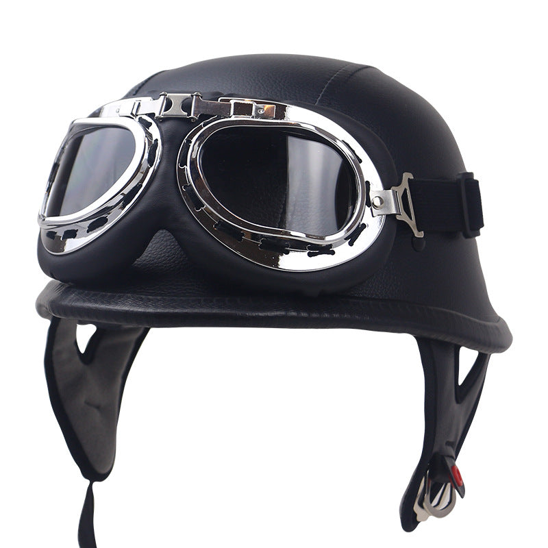 Vintage-Leder-Motorradhelm mit Goggles Brehn
