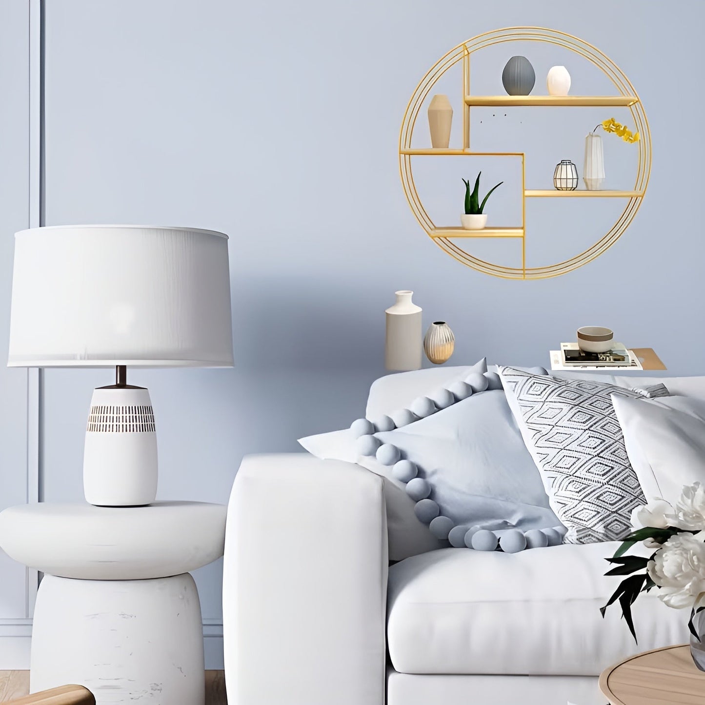 Rundes Wandregal mit 4 Ebenen – Retro-Design aus Holz und Metall | Dekoratives Hängeregal für Wohnzimmer, Badezimmer und Schlafzimmer