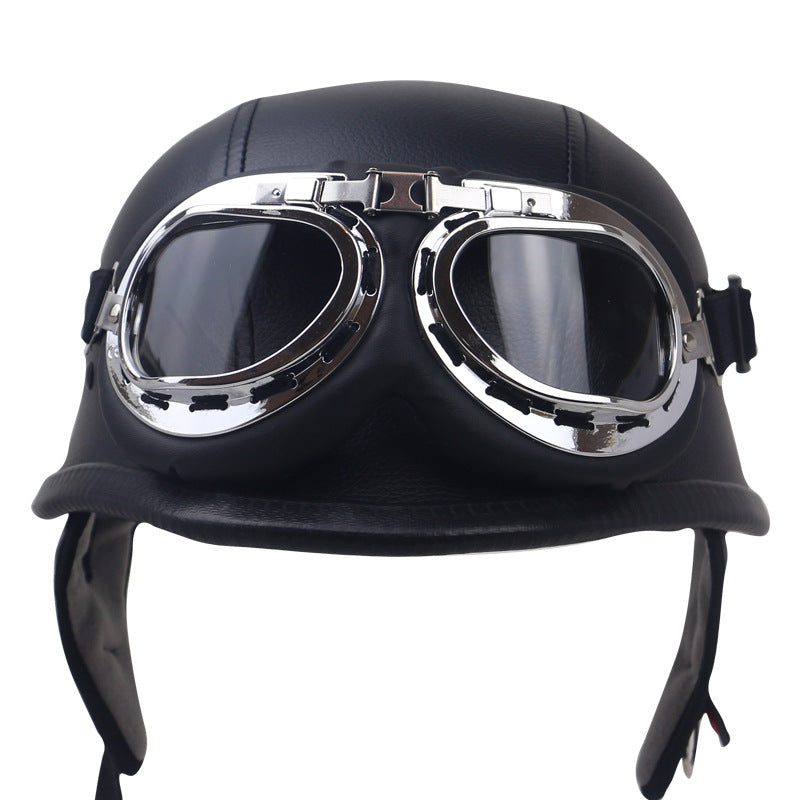 Vintage-Leder-Motorradhelm mit Goggles Brehn