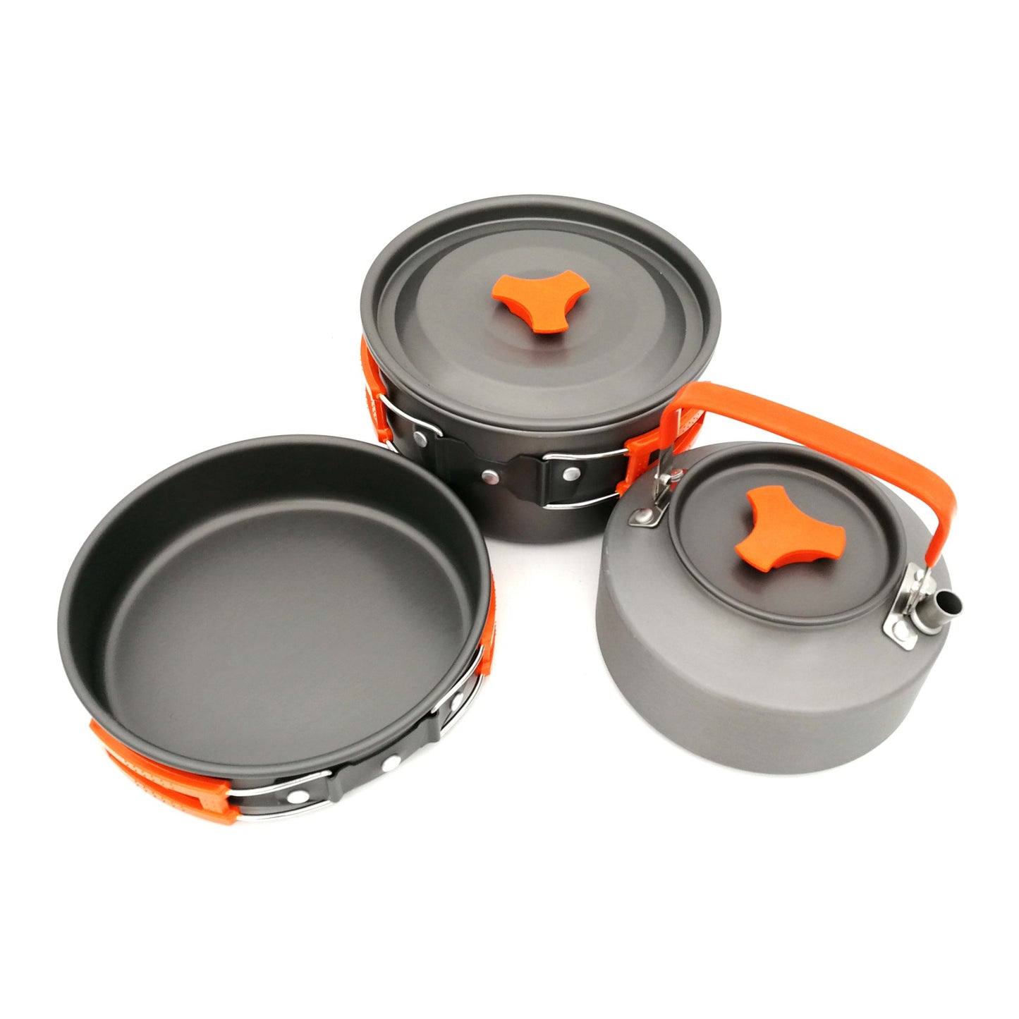 leichtgewichtiges antihaft Camping Kochgeschirr Set mit faltbarem Wasserkocher, Topf, Pfanne, Edelstahlutensilien, Silikonuntersetzer und Tragetasche Brehn