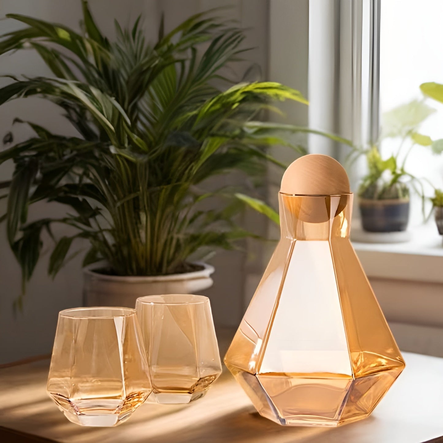 Diamantglas-Karaffe-Set mit 4 Glasuren – modern und dekorativ | 5-teiliges Set mit Deckeln für Wasser, Saft und Wasser