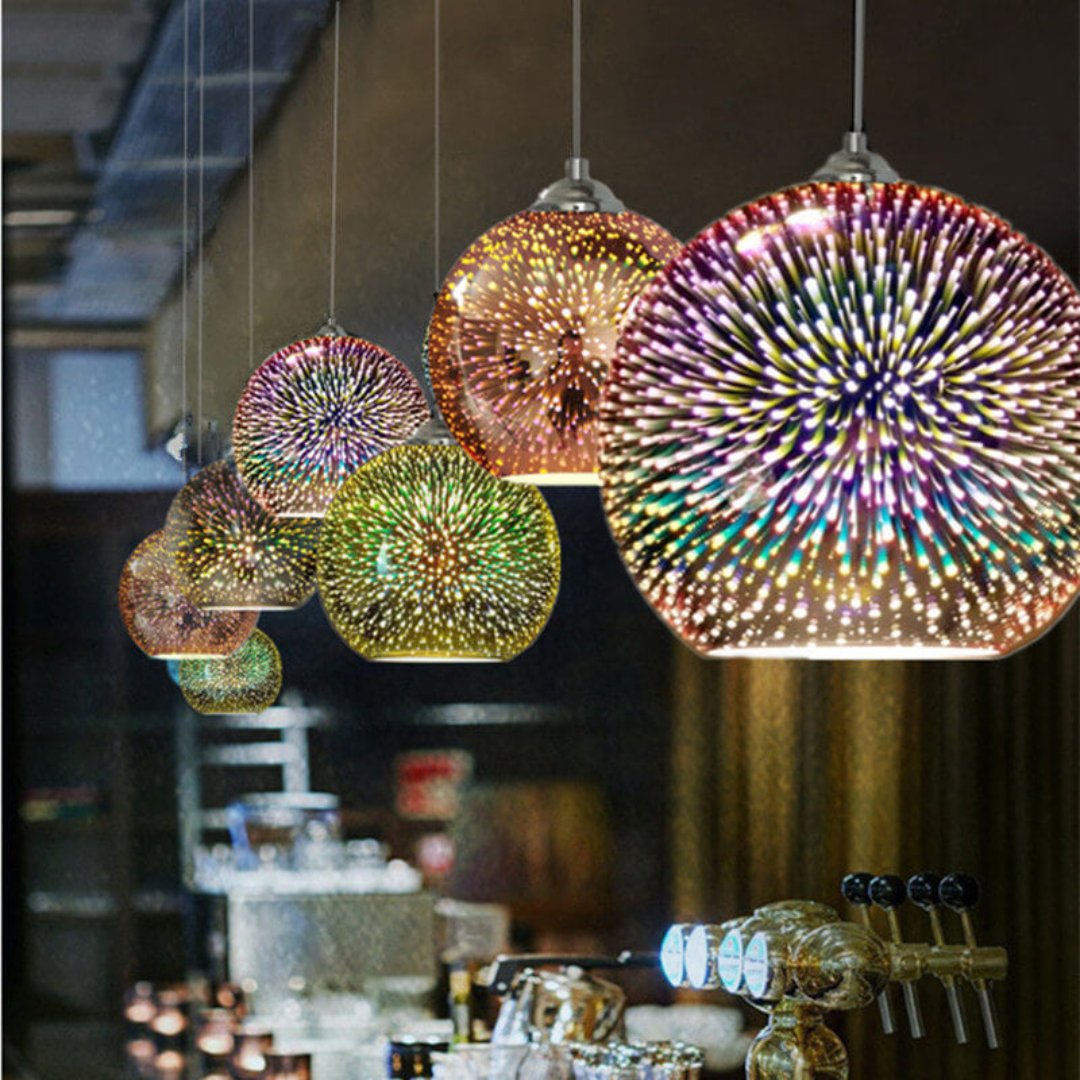 Moderne, kreative 3D-Pendelleuchte in Form eines farbenfrohen Feuerwerksglases mit einer Lichtquelle