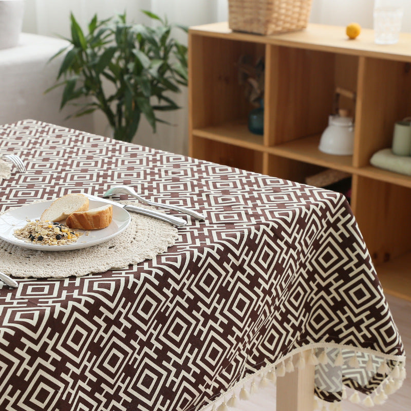 Gewebte Baumwoll-Tischdecke im Ethno-Jacquard mit Quastenbordüre Brehn