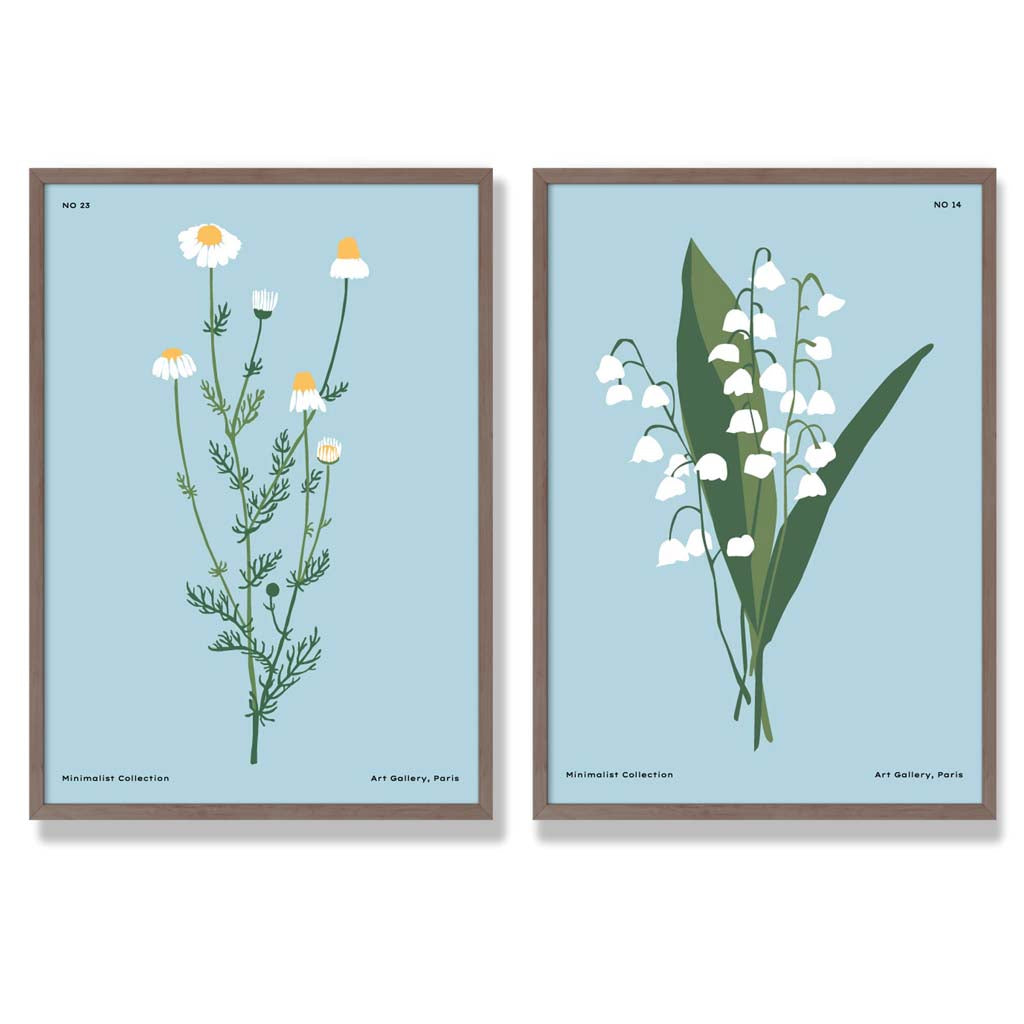 Illustration einer blauen Wildblume, gerahmtes Set aus 2 Kunstdrucken