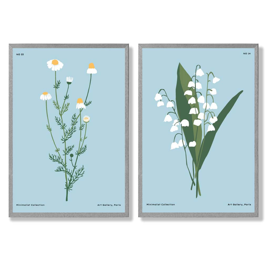 Illustration einer blauen Wildblume, gerahmtes Set aus 2 Kunstdrucken