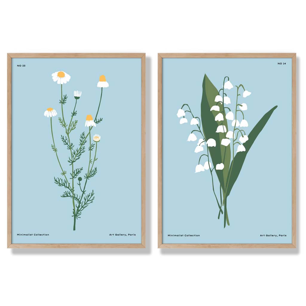 Illustration einer blauen Wildblume, gerahmtes Set aus 2 Kunstdrucken