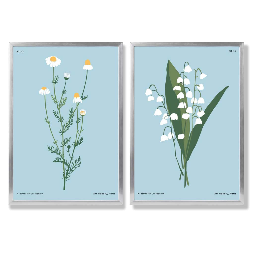 Illustration einer blauen Wildblume, gerahmtes Set aus 2 Kunstdrucken