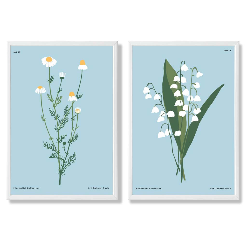Illustration einer blauen Wildblume, gerahmtes Set aus 2 Kunstdrucken