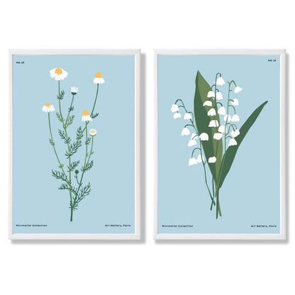 Illustration einer blauen Wildblume, gerahmtes Set aus 2 Kunstdrucken