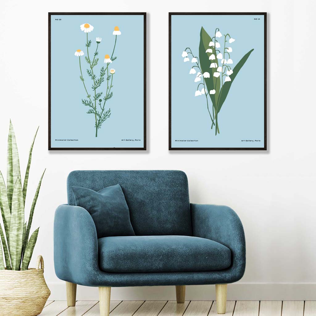 Illustration einer blauen Wildblume, gerahmtes Set aus 2 Kunstdrucken