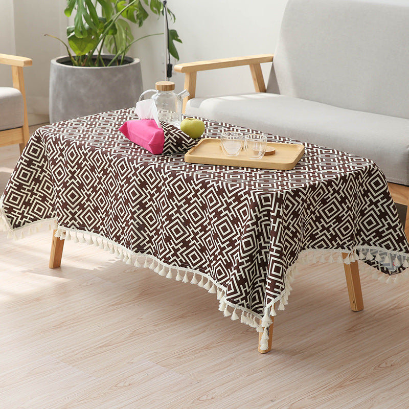Gewebte Baumwoll-Tischdecke im Ethno-Jacquard mit Quastenbordüre Brehn
