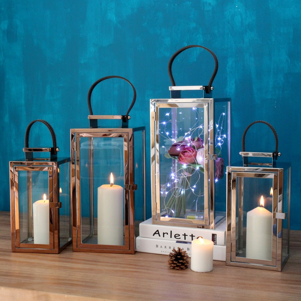 Rechteckige Glaslaternen mit poliertem Metallrahmen und Kunstledergriff Set Brehn