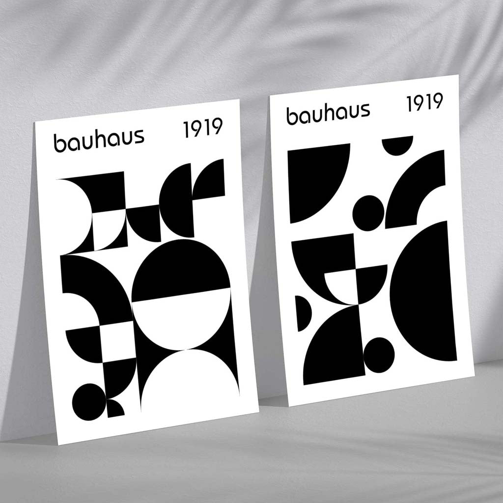 Bauhaus-Stil, Schwarz-Weiß, Mitte des 20. Jahrhunderts, gerahmtes Set aus 2 Kunstdrucken