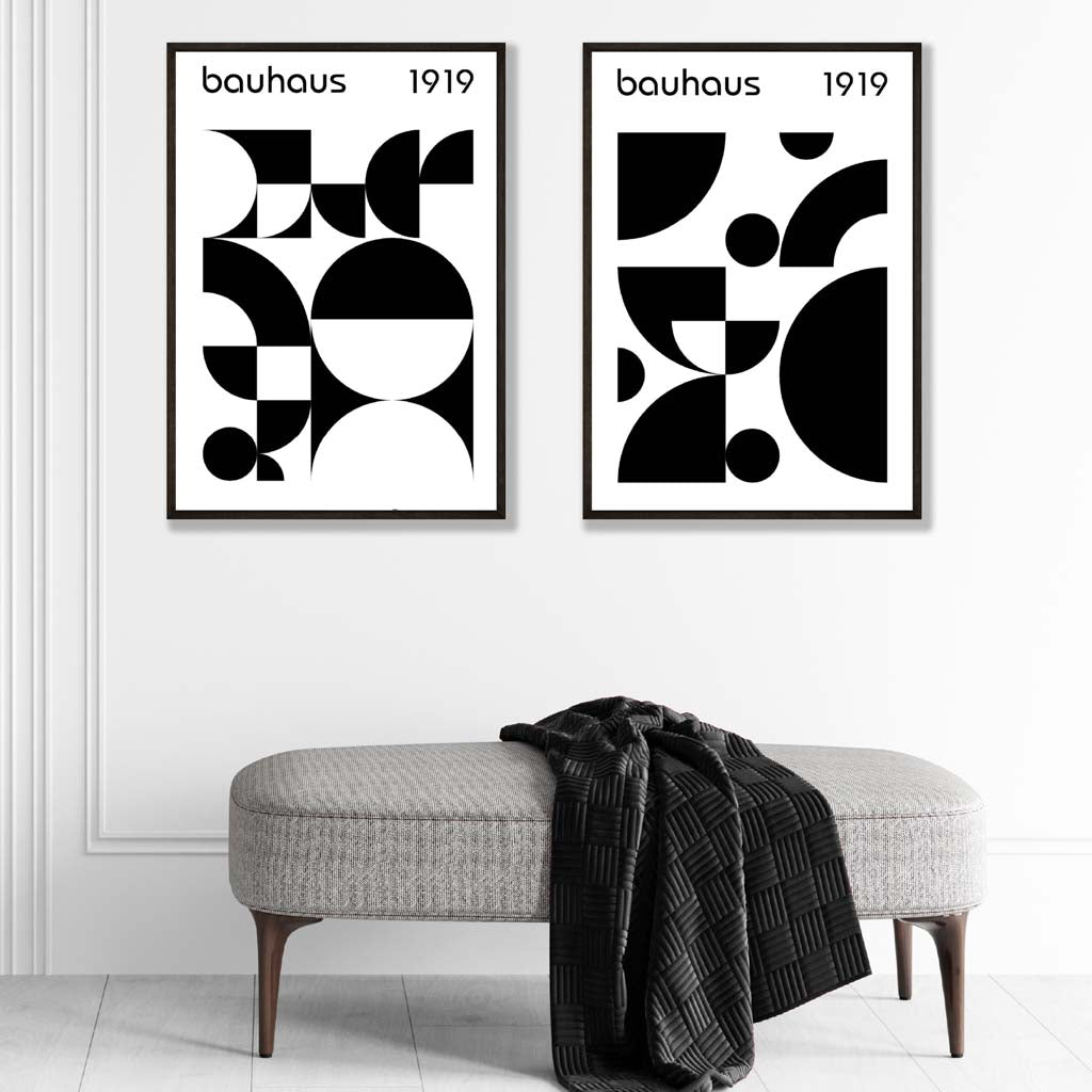 Bauhaus-Stil, Schwarz-Weiß, Mitte des 20. Jahrhunderts, gerahmtes Set aus 2 Kunstdrucken
