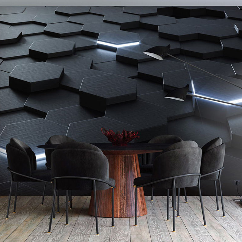 Brehn | Ganze Foto Stil Tapete mit 3D-Effekt Hexagon in Dunkler Farbe für Wohnzimmer, Maßgeschneidert
