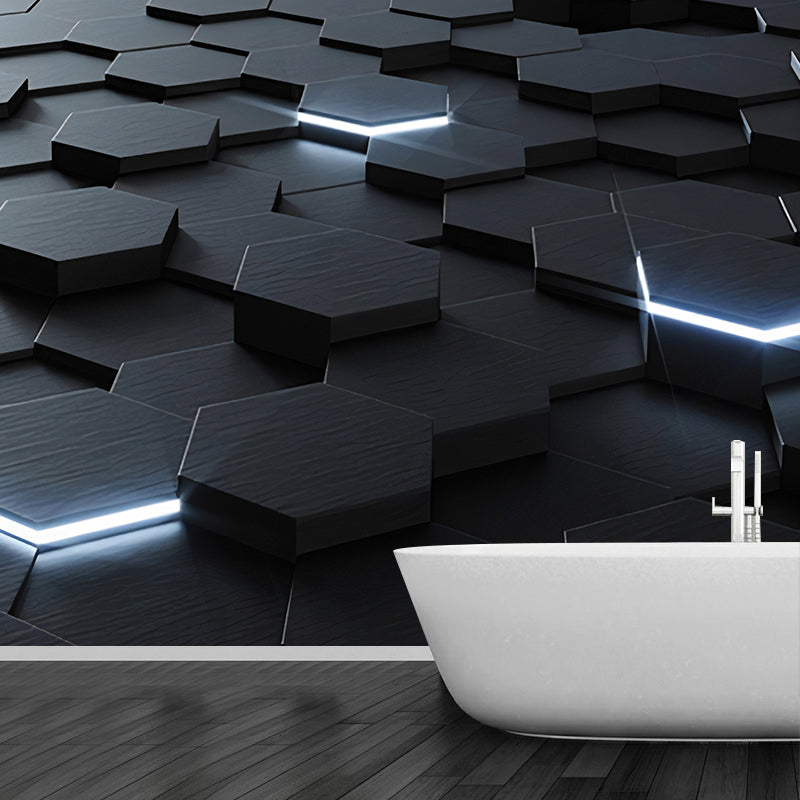 Brehn | Ganze Foto Stil Tapete mit 3D-Effekt Hexagon in Dunkler Farbe für Wohnzimmer, Maßgeschneidert