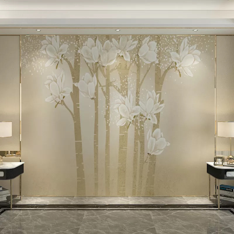 Brehn | Benutzerdefinierte Illustration Minimalistische Wandtapete für das Wohnzimmer mit eleganter Magnolie in Beige und Gelb