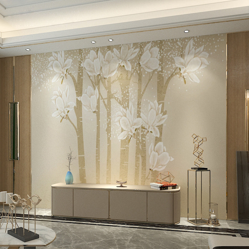 Brehn | Benutzerdefinierte Illustration Minimalistische Wandtapete für das Wohnzimmer mit eleganter Magnolie in Beige und Gelb