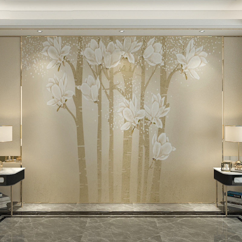 Brehn | Benutzerdefinierte Illustration Minimalistische Wandtapete für das Wohnzimmer mit eleganter Magnolie in Beige und Gelb