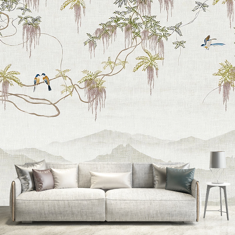 Brehn | Dekorative Wisteria und Vogel Wandmalerei Vollgröße Traditionelle Wandkunst für Café