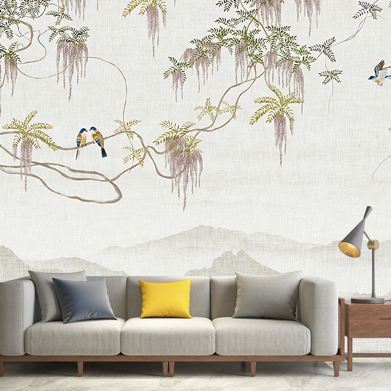 Brehn | Dekorative Wisteria und Vogel Wandmalerei Vollgröße Traditionelle Wandkunst für Café