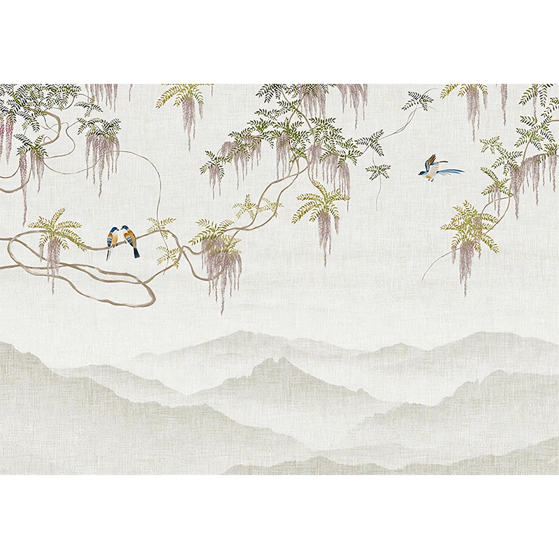 Brehn | Dekorative Wisteria und Vogel Wandmalerei Vollgröße Traditionelle Wandkunst für Café