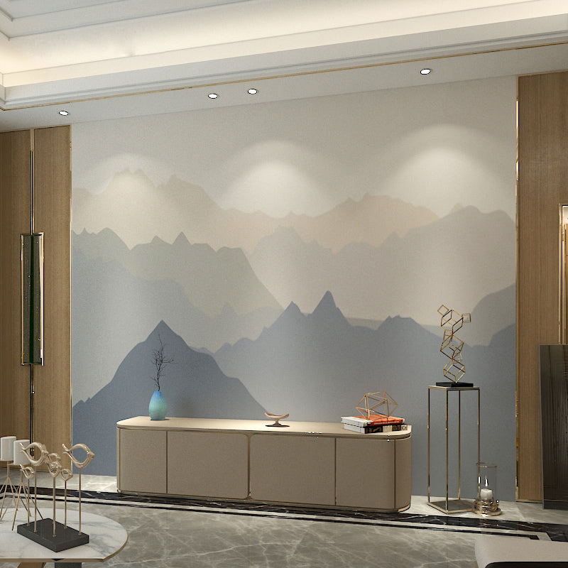 Brehn | Vintage Mountain Wall Covering in Blau und Braun Akzent Wandgemälde, Personalisierte Größe Verfügbar