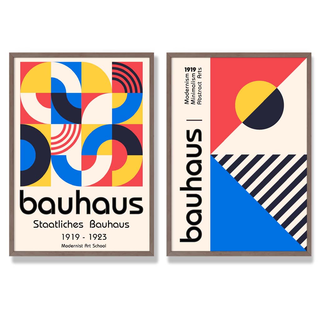 Bauhaus-Stil, Rot und Blau, Mid-Century, gerahmtes Set aus 2 Kunstdrucken