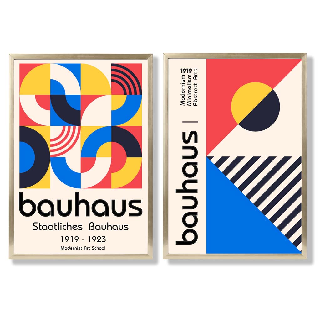 Bauhaus-Stil, Rot und Blau, Mid-Century, gerahmtes Set aus 2 Kunstdrucken