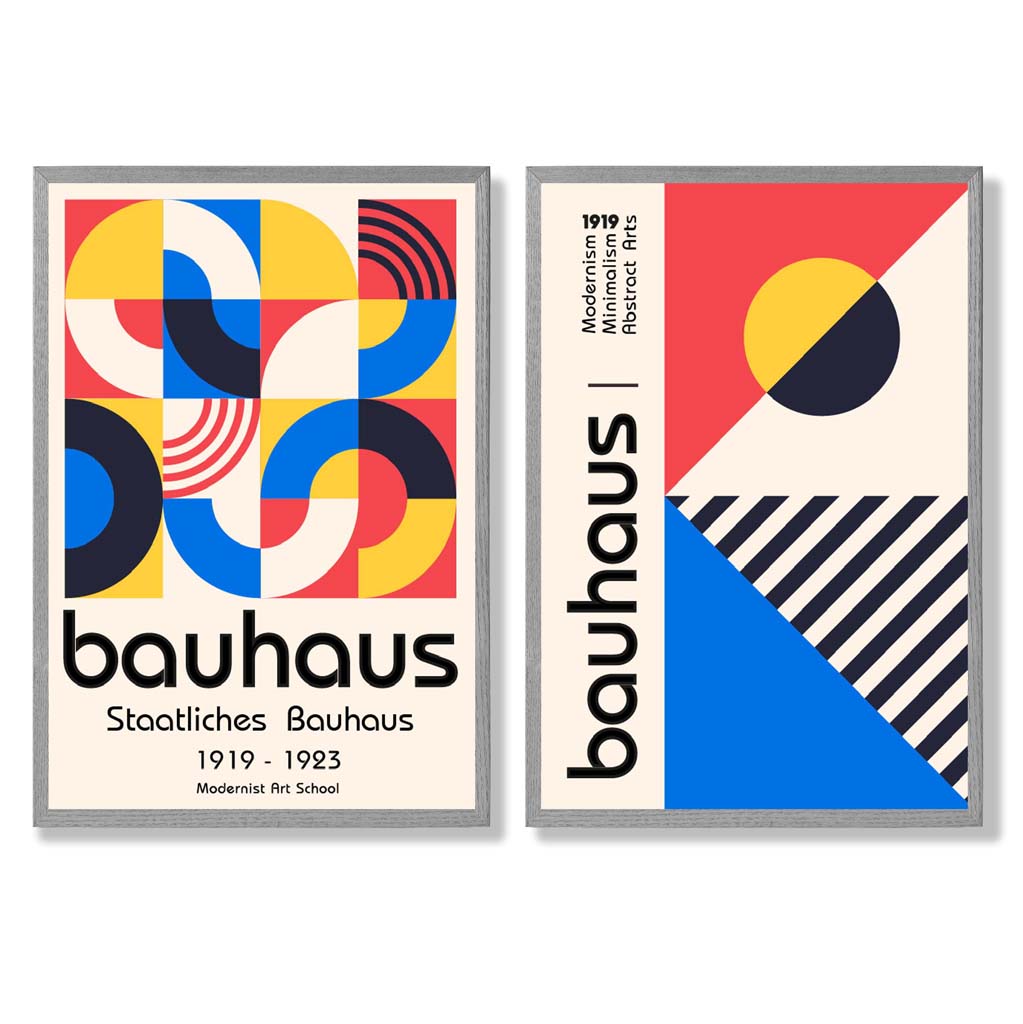 Bauhaus-Stil, Rot und Blau, Mid-Century, gerahmtes Set aus 2 Kunstdrucken
