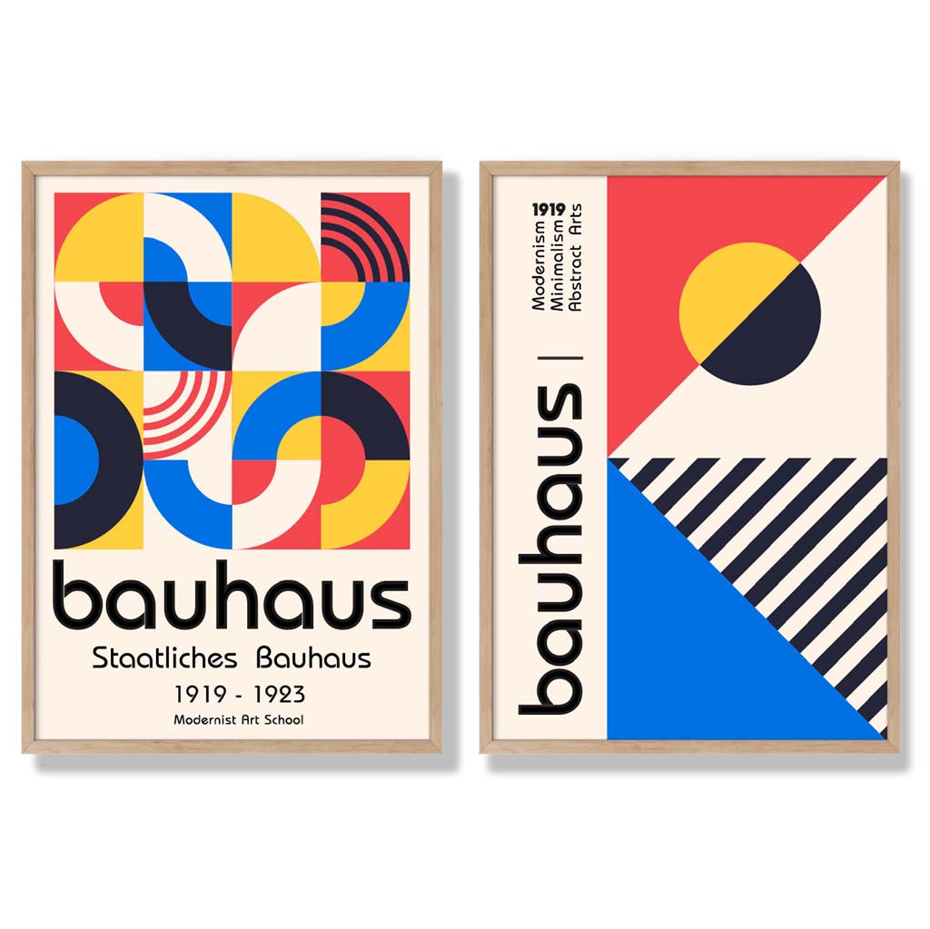 Bauhaus-Stil, Rot und Blau, Mid-Century, gerahmtes Set aus 2 Kunstdrucken
