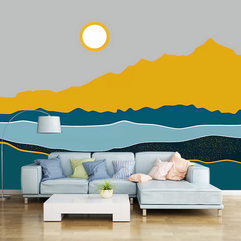 Brehn | Illustration Sonne und Fluss Wandbild Vollgröße Wandverkleidung für Esszimmer, Maßanfertigung