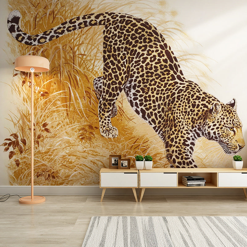 Brehn | Volle illustratie moderne wanddecoratie met geel en zwart luipaard ontwerp