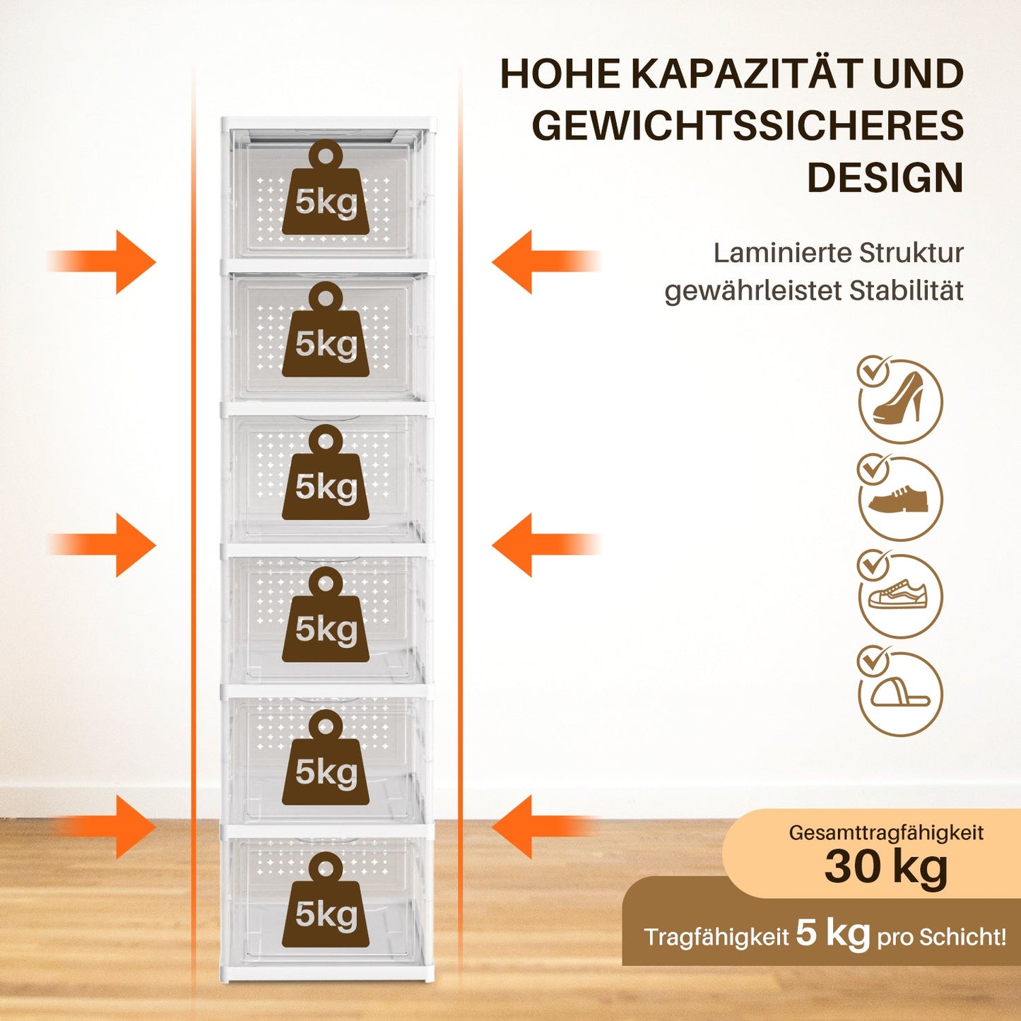 6 Ebenen Schuhboxen Aufbewahrungsbox Stapelbar | Brehn