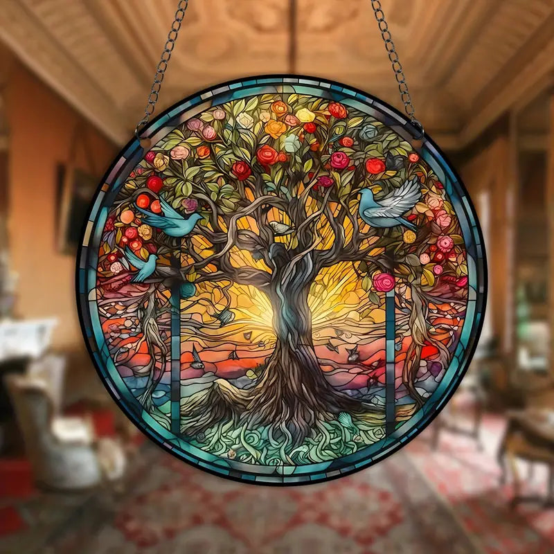 Wandbild mit Baummotiv aus Buntglas, hängend