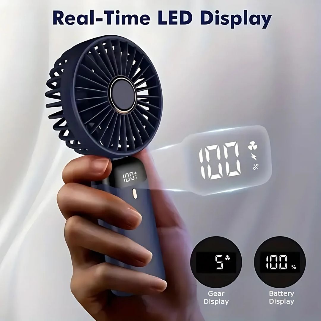 Wiederaufladbarer Handheld Mini Ventilator | 5-Geschwindigkeits, 90-Grad verstellbar & leise für Büro, Zuhause & Außenbereich | Brehn