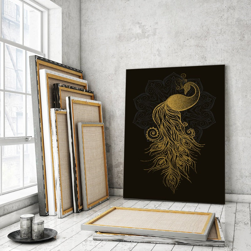 Abstract Golden Mandala Pfau - Canvas Wandkunst Malerei