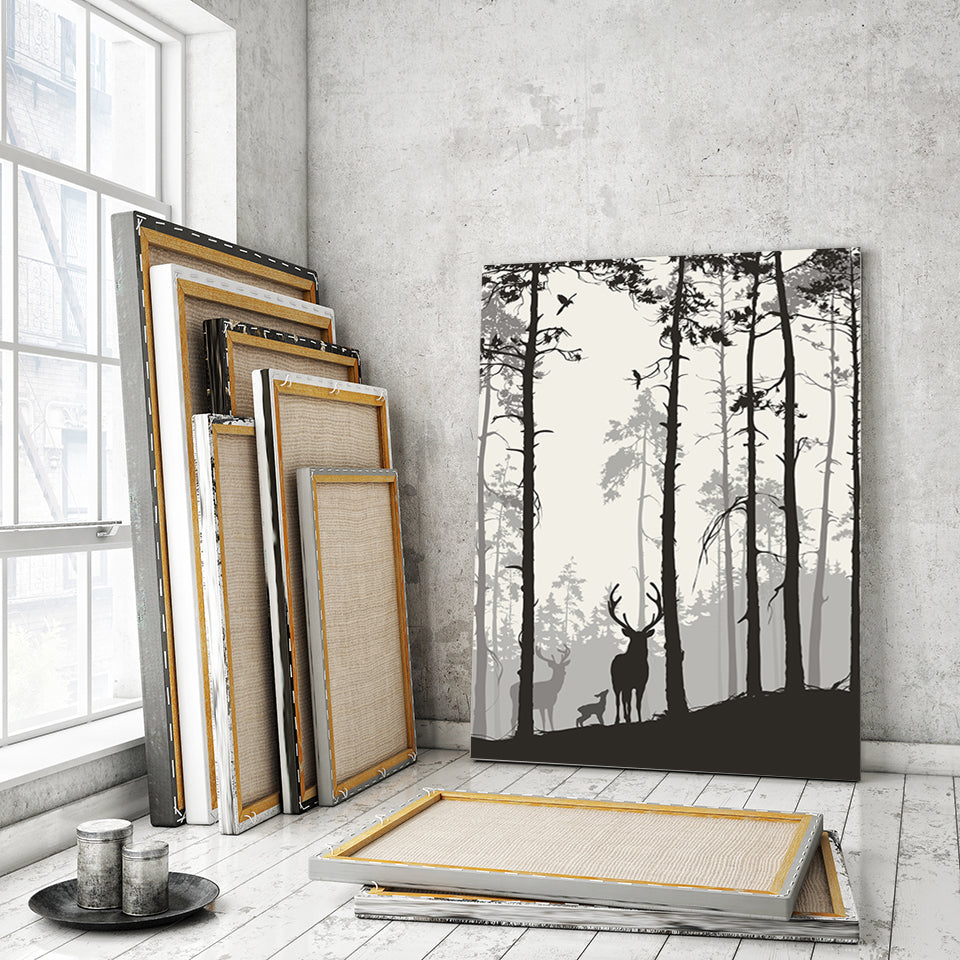 Silhouette einer Hirschfamilie – Leinwandbild
