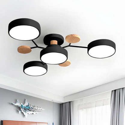 LED-Deckenleuchte rund – Eisen & Holz, 3 Lichtfarben, mehrere Lichtköpfe, 220 V, für 15–30 m², Wohn- & Schlafzimmer