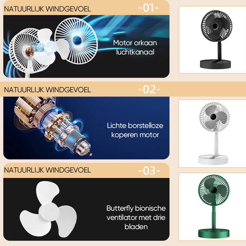 Portae Rechargeae Teleskope-Ventilator mit geräuscharmem Design und einstellbarer Höhe