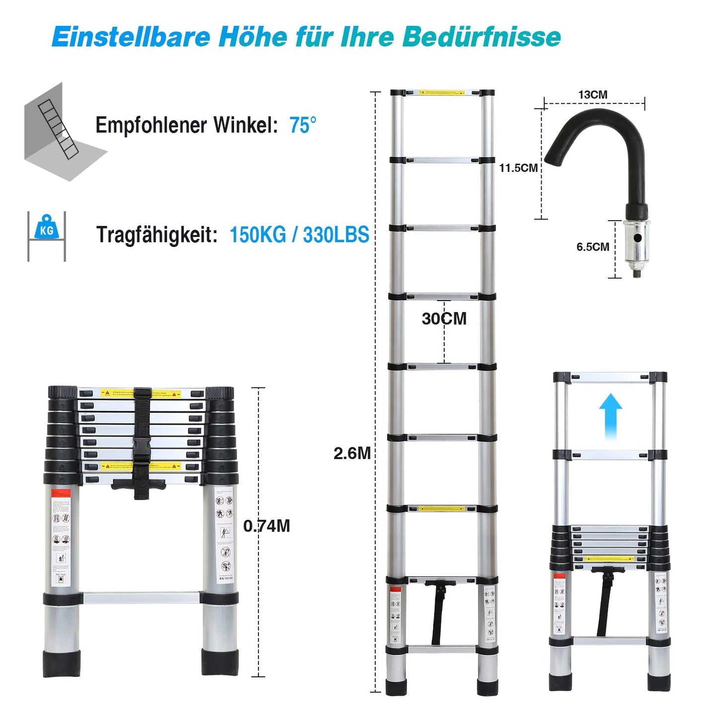 Teleskopleiter mit 2 Abnehmbarem Haken | Brehn