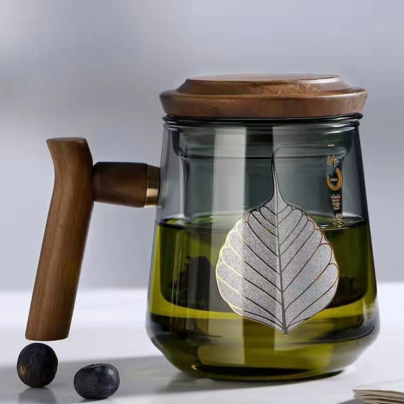 Premium Glas Teetasse mit Filter und Holzgriff, 470ml
