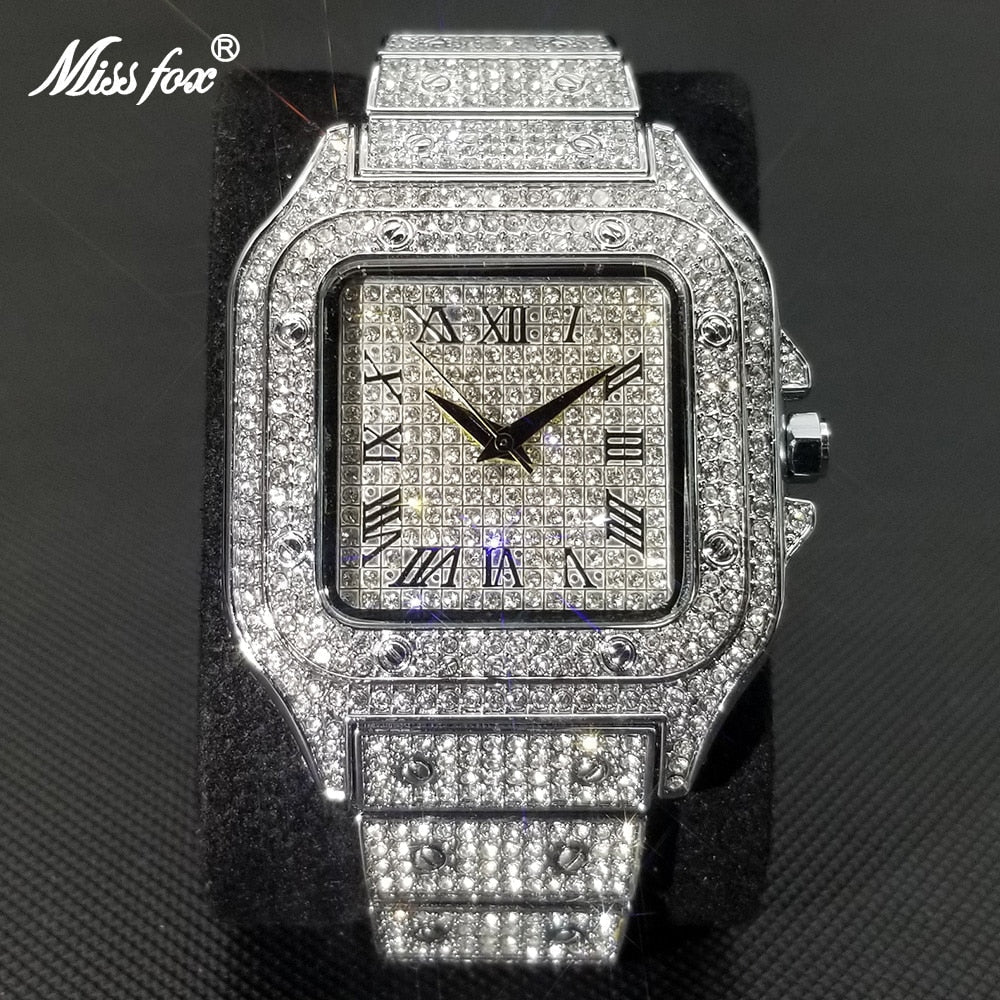 Brehn | MISSFOX Ice Out Square Herrenuhr | 18K Gold Nano-Vakuum-Beschichtung | Schweizer Quarz-Uhrwerk | Vollbesetzt mit Lab-Diamanten | Edelstahl-Gehäuse | Wasserdicht 3 ATM