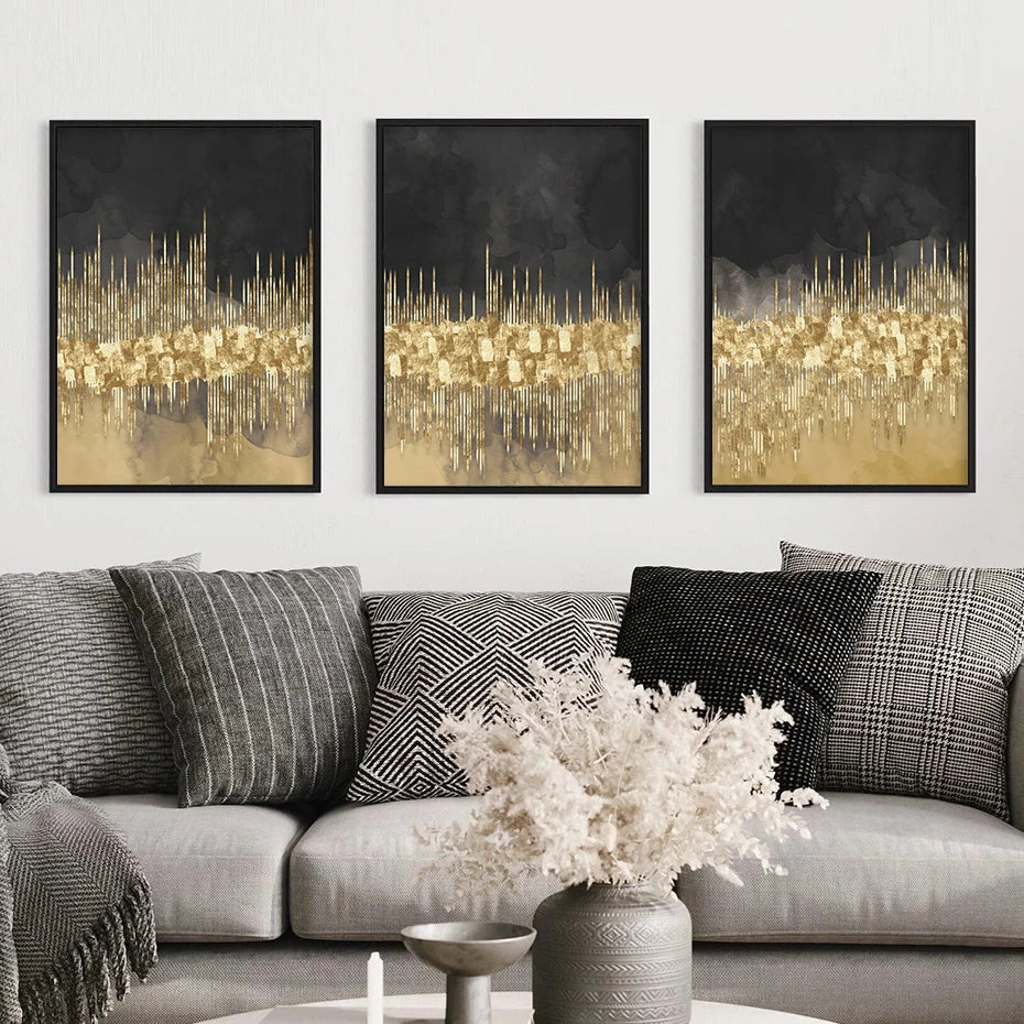 Abstrakte goldene Stadtlandschaft auf schwarzem Aquarell-Leinwanddruck Wandkunst leichte Luxusbilder für Wohnzimmer Schlafzimmer Home Office Dekor | Brehn